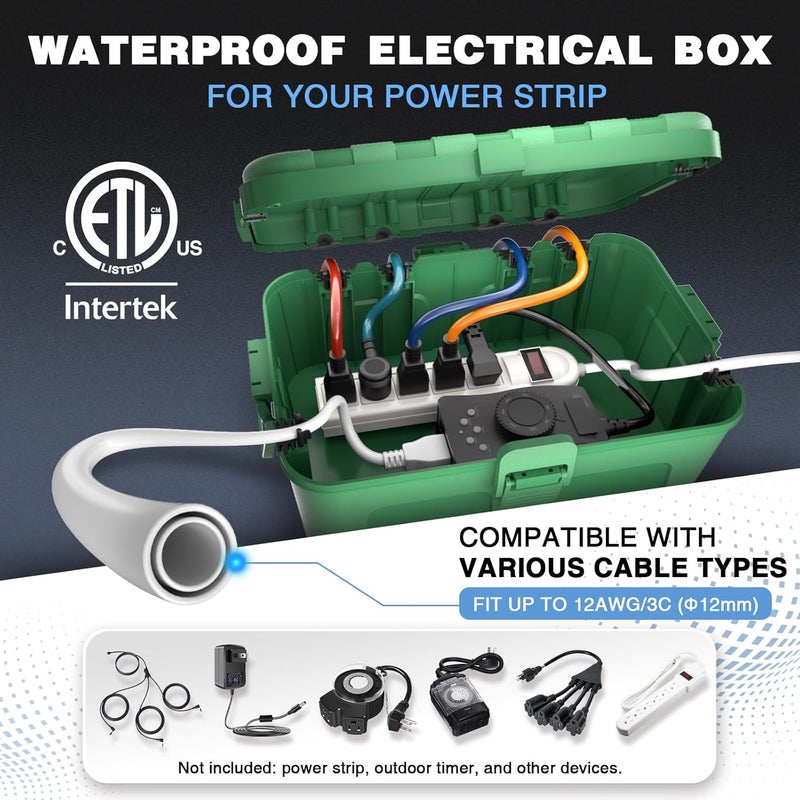 Flemoon IP54 Waterproof Electrical Box, Outdoor Plug Cover Weatherproof, for Outdoor Outlet, Timer, Extension Cord, Power Strip, String Light, Green - Image 2